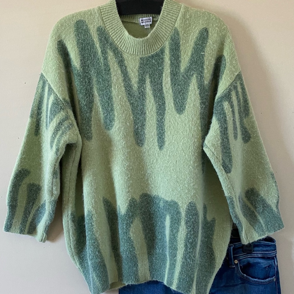 Beginning Boutique Olive and Teal Patterned Sweater